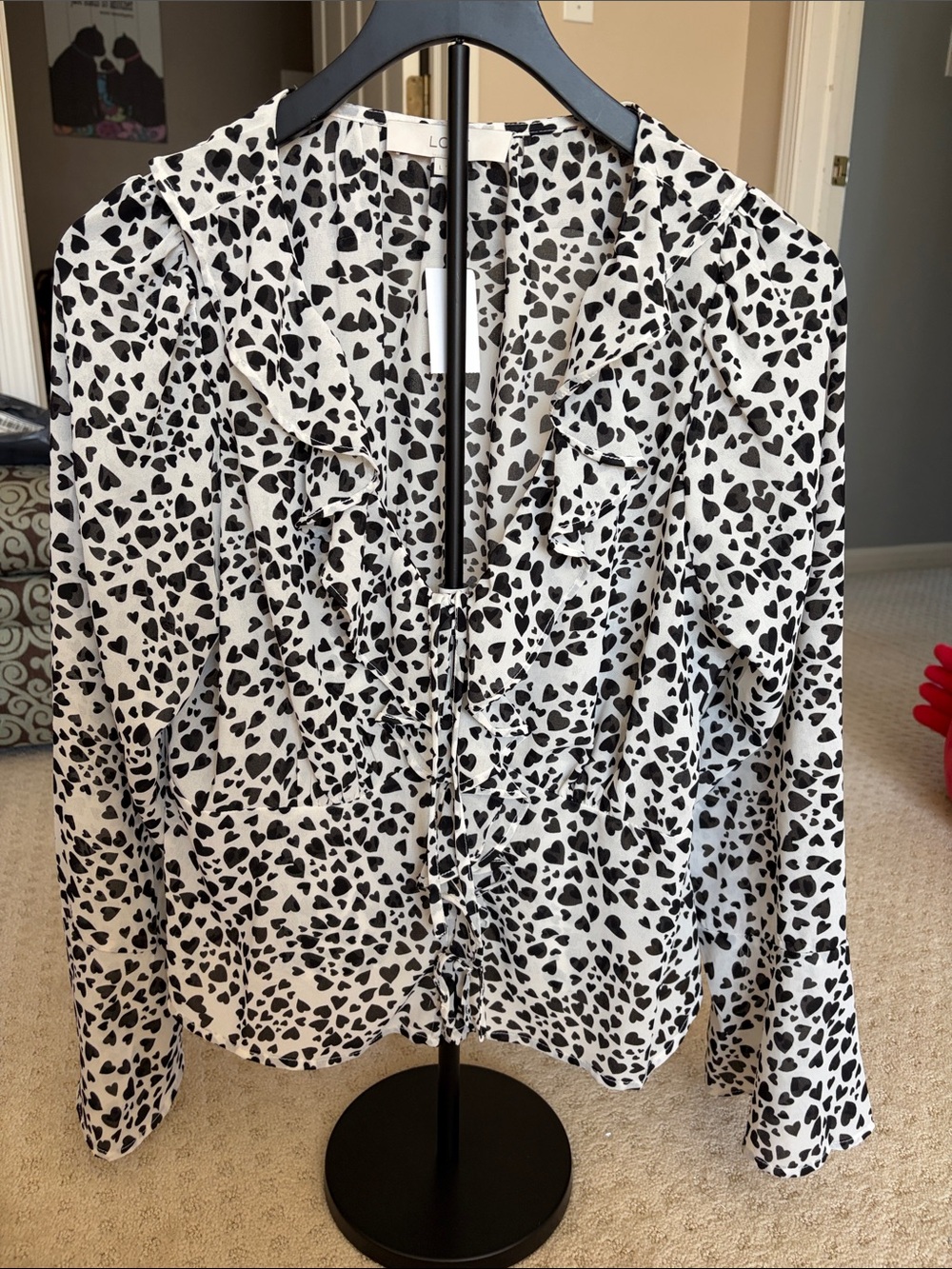 LOFT Black & White Heart-Print Ruffle Blouse